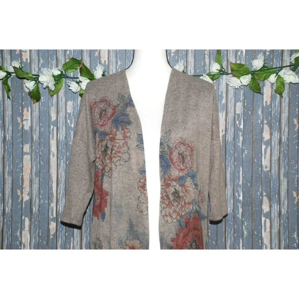 Ginger G Brown Floral Ladies Sweater Open Front Cardigan Size S Half Sleeve - Image 2