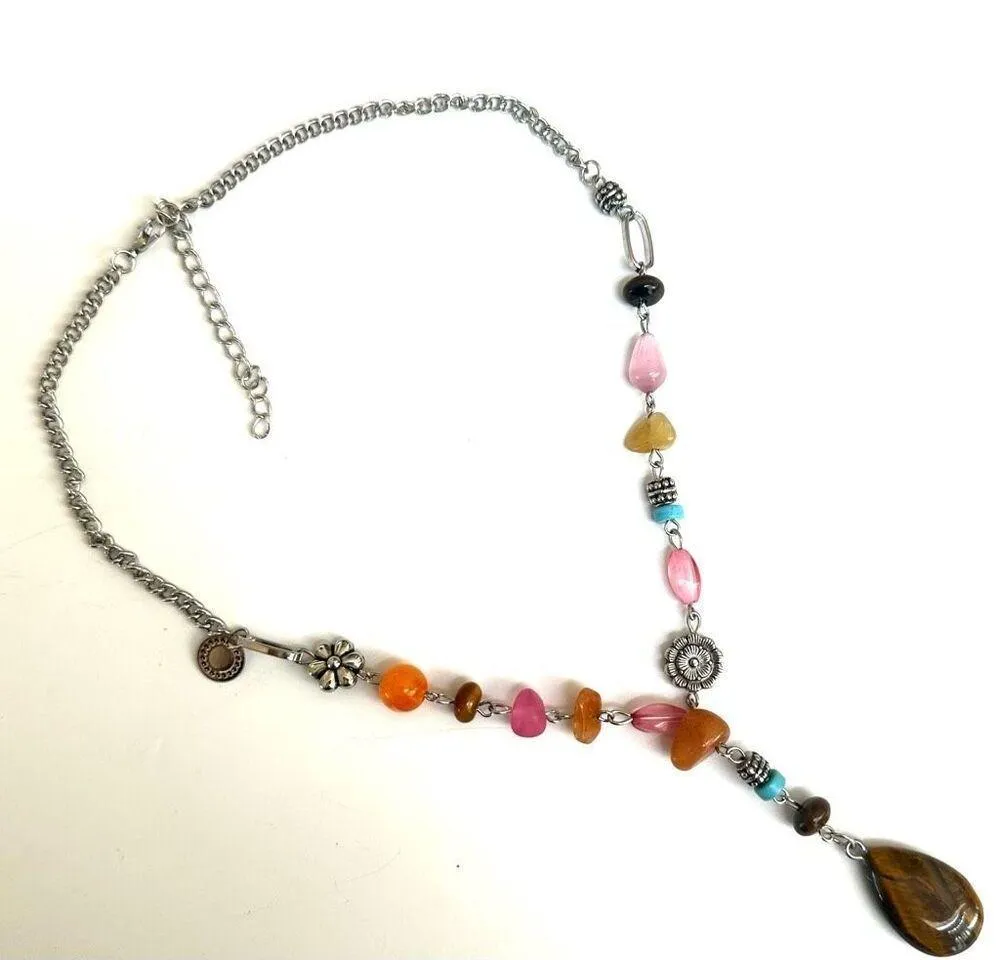 Silver tone colorful tigers eye teardrop pendant necklace - Image 9
