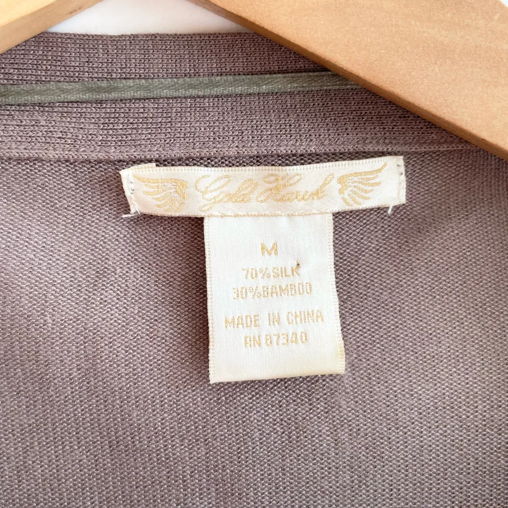 Vintage Y2K Gold Hawk Silk Asymmetrical Handkerchief Hem Top Medium Thumbholes Brown - Image 3