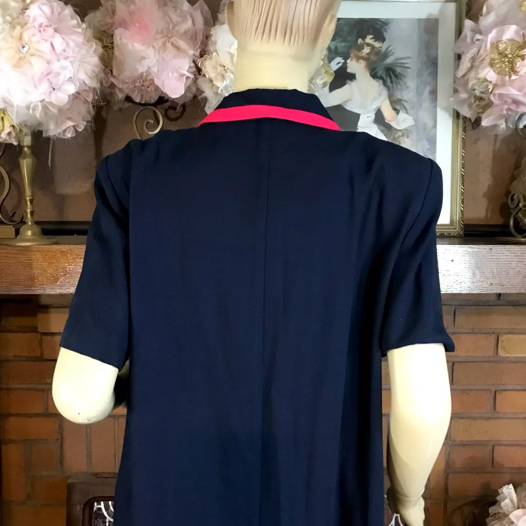 DANI MAX VINTAGE 1990S NAVY BLUE WITH PINK ACCENT SHORT SLEEVE SHIFT DRESS (18P) - Image 9