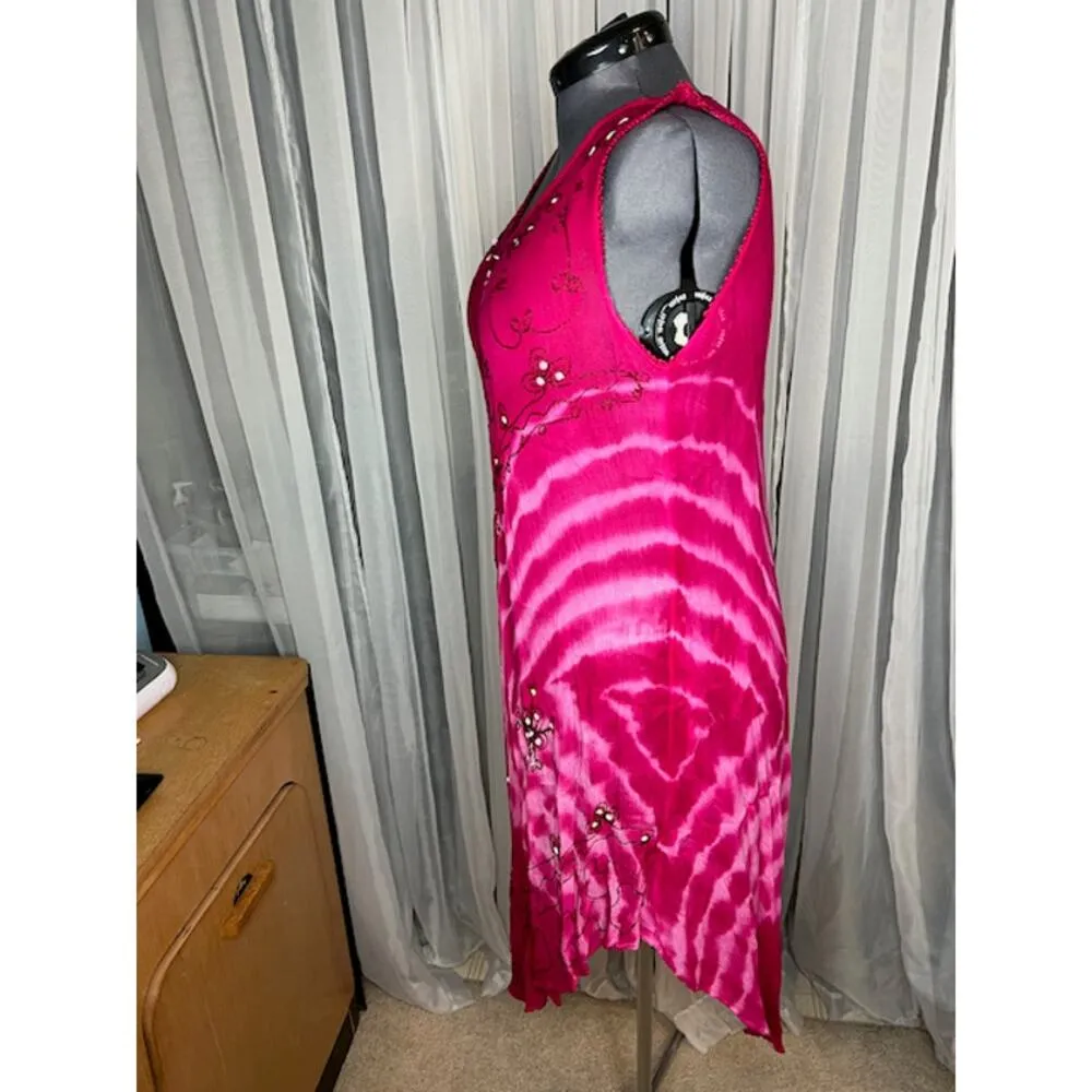 Sun dress tie dye muu muu boho pink fuchsia embroidered sequins Size XL - Image 5