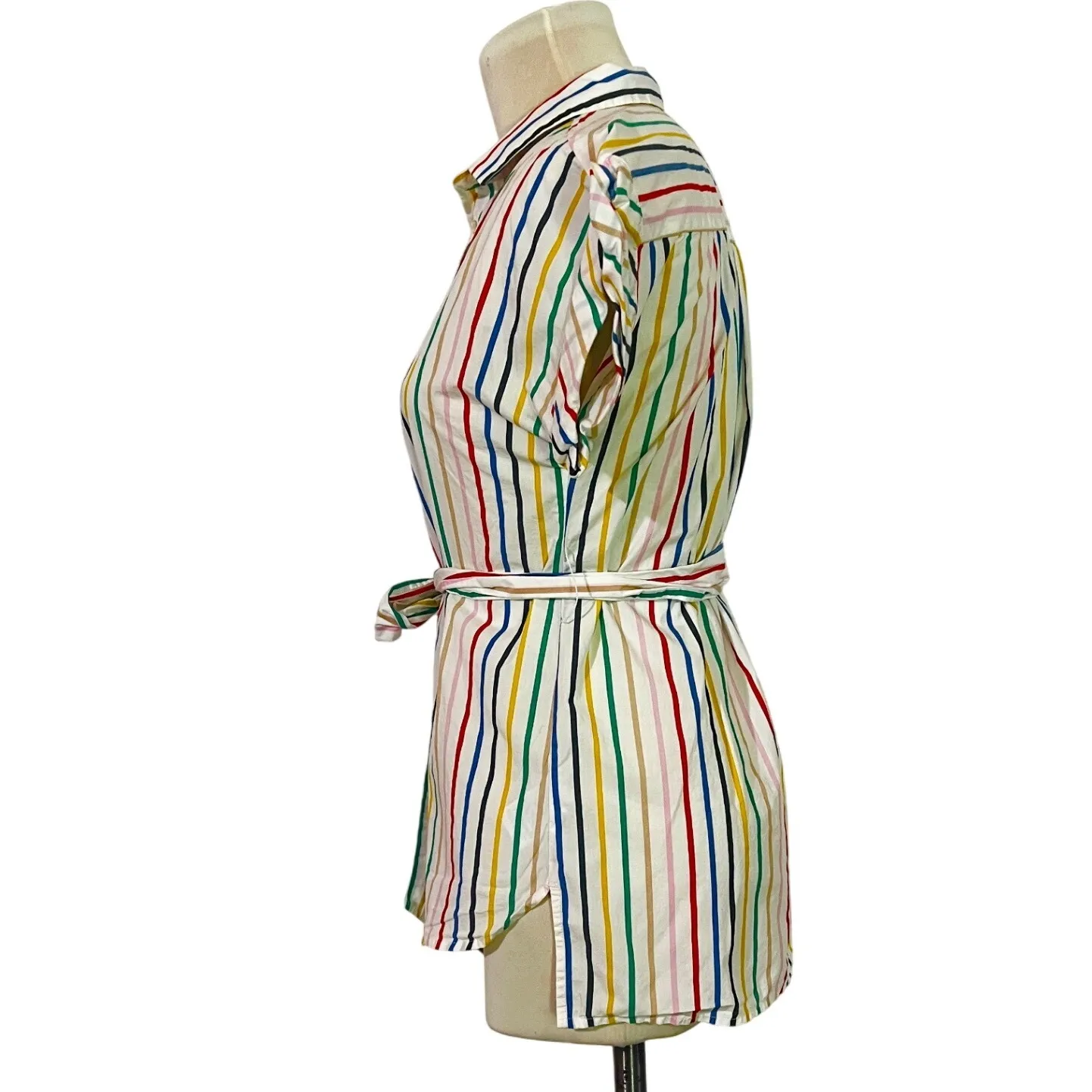 J.Crew Striped Shirt Women's XS Multicolor Belted Cap Sleeve Cotton Casual White - Image 2