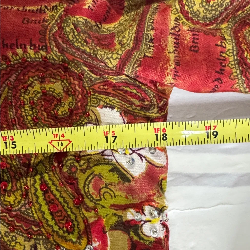 Candy Couture Red Paisley Women's Blouse S cotton sequin beaded colorful LS - Image 12