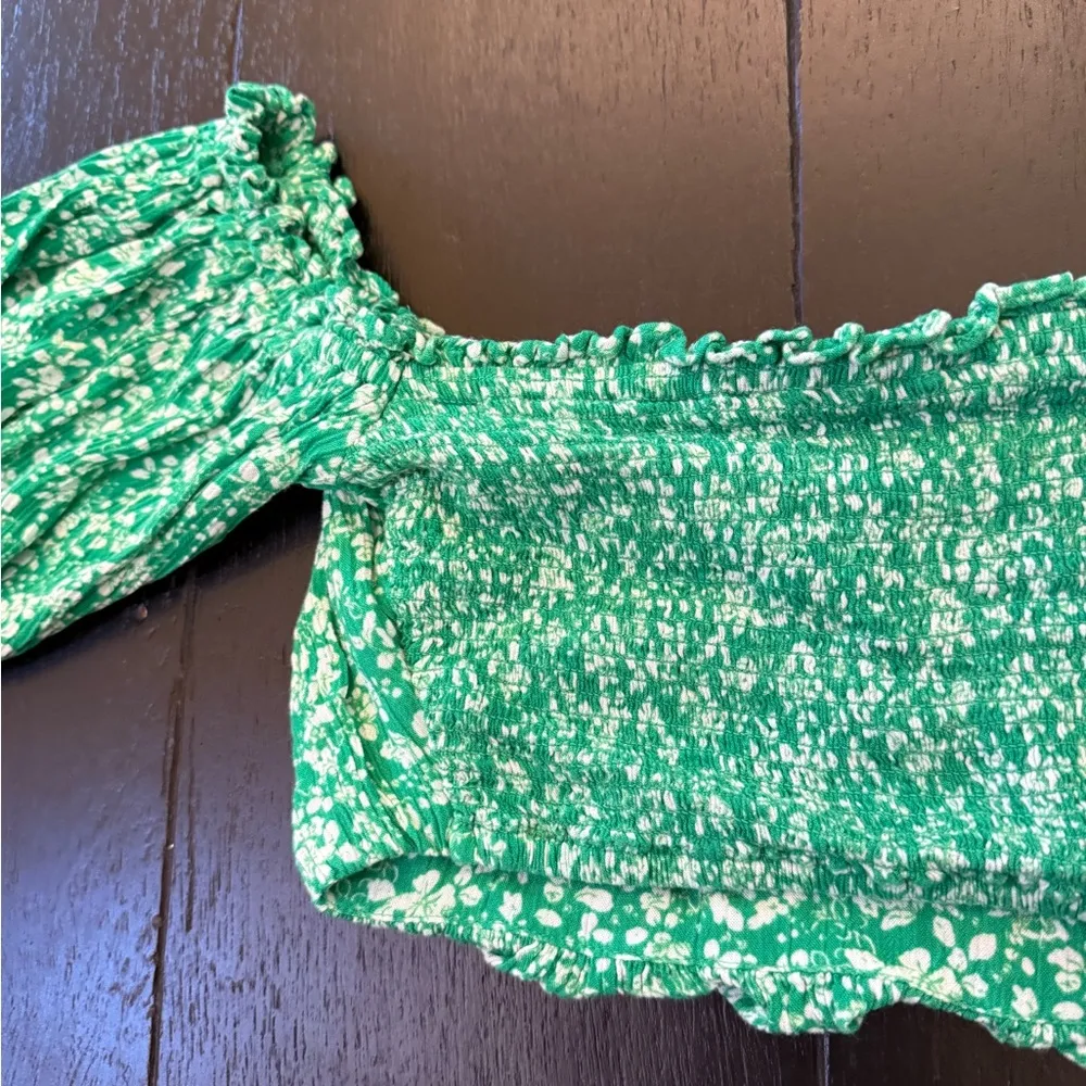 Zara Green & White Floral Flower Off the Shoulder Top Size Small (Set Available) - Image 8