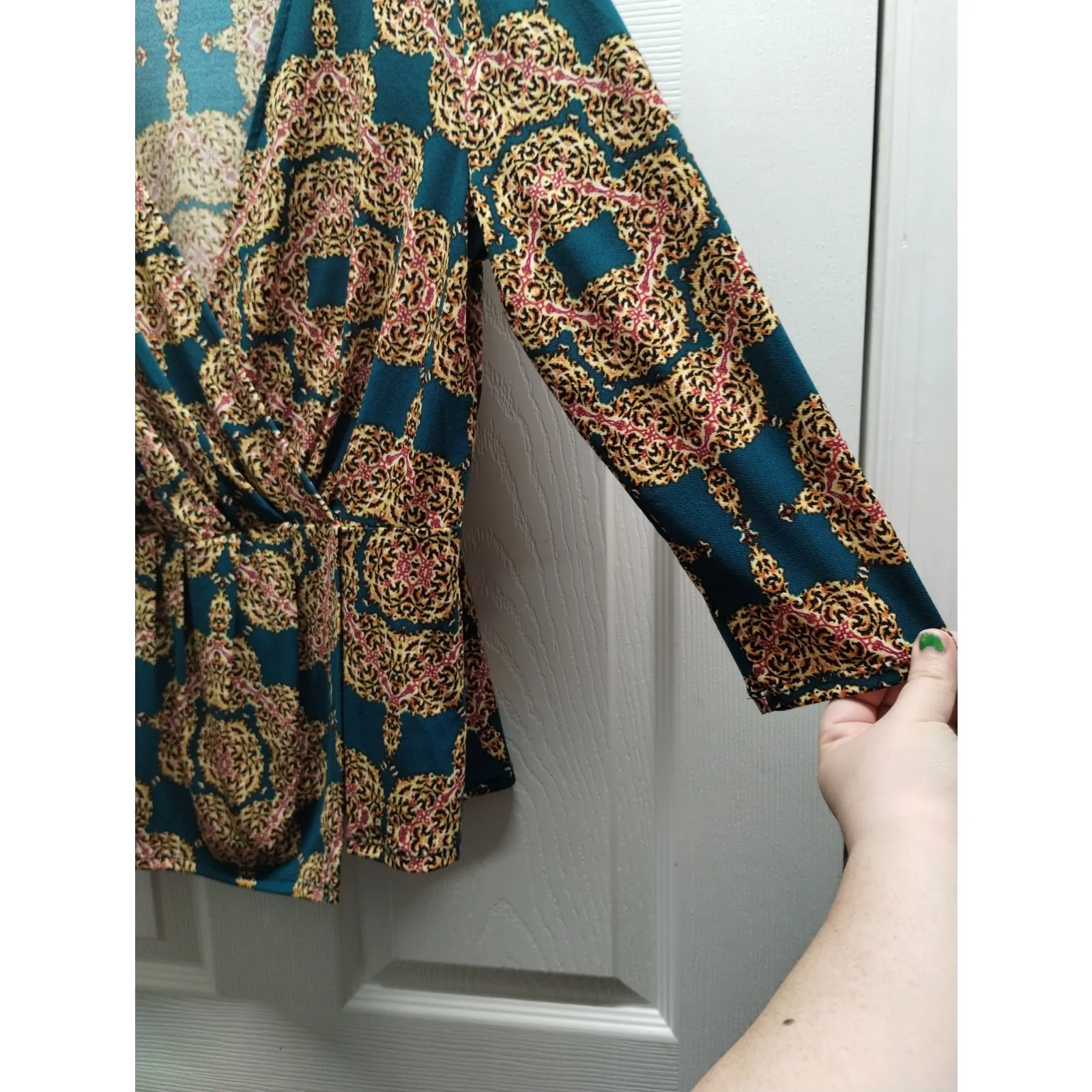 Bold Elements Size Medium Teal & Gold Patterned Faux Wrap Asymmetric Top - Image 6
