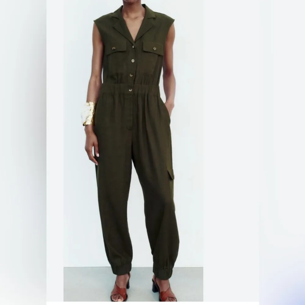 Zara Jumpsuit Dark Green Button-Up Linen Blend  Size XL - Image 8