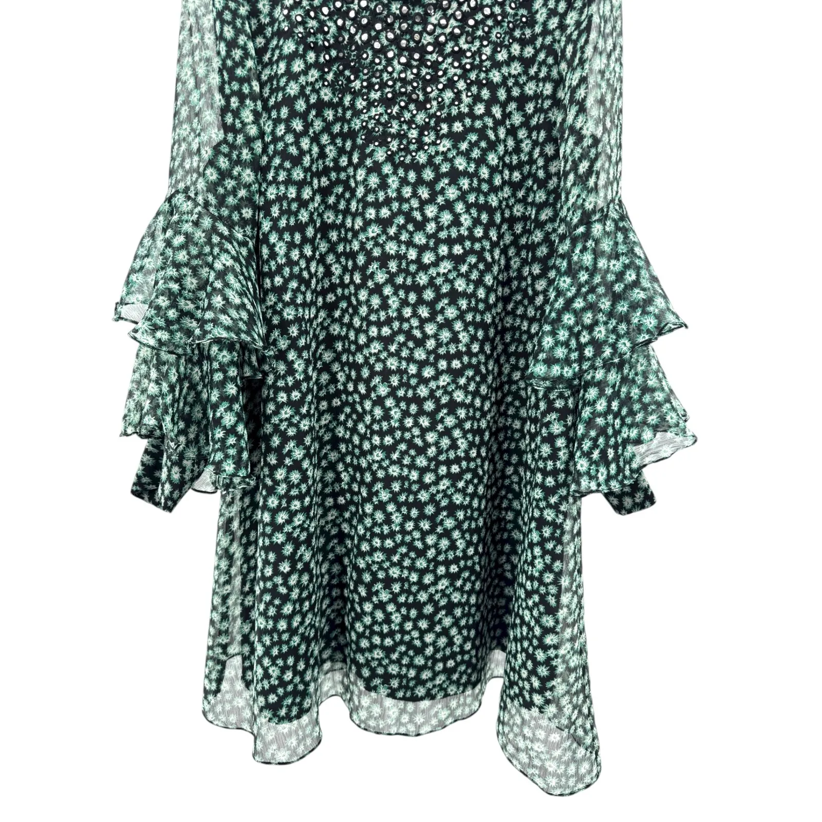 Ranna Gill Anthropologie Floral Mirror Sequin Ruffle Sleeve Mini‎ Dress M Green Size M - Image 2