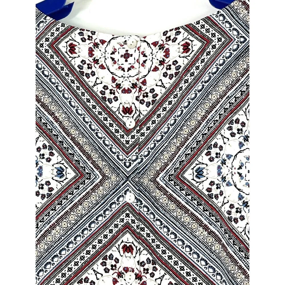 J Jill Womens Medium Rayon White Red Blue Long Sleeve Scarf Print Blouse Tunic - Image 5