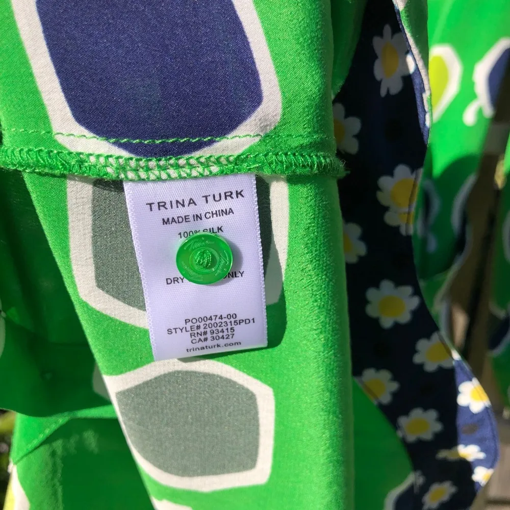 TRINA TURK Shirt Dress Redondo Sunglasses Print 100% Silk Green Navy Belted Med - Image 13
