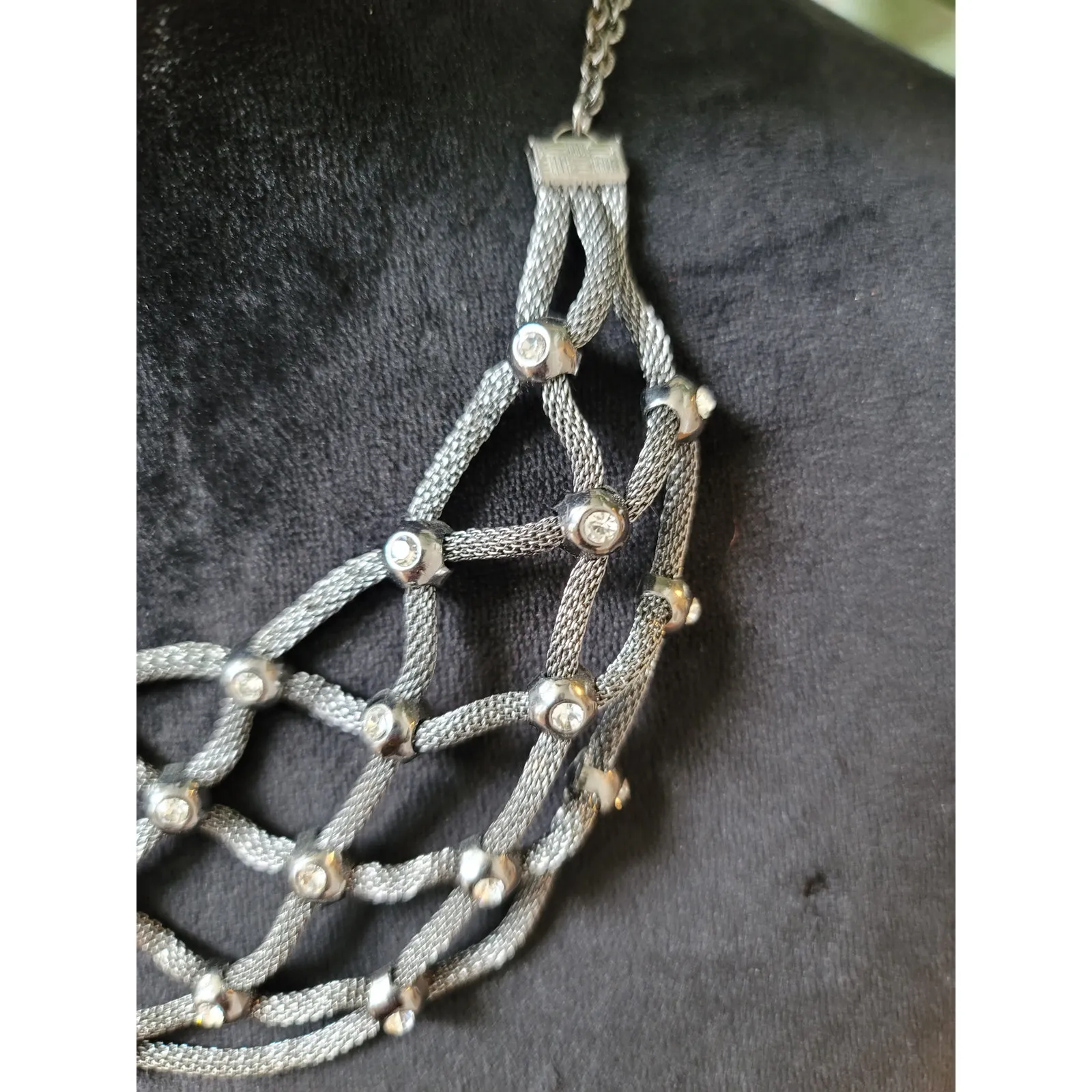 Serena Women's Silver Tone Mesh Net Bib Necklace With Rhinestone Accents - Image 4