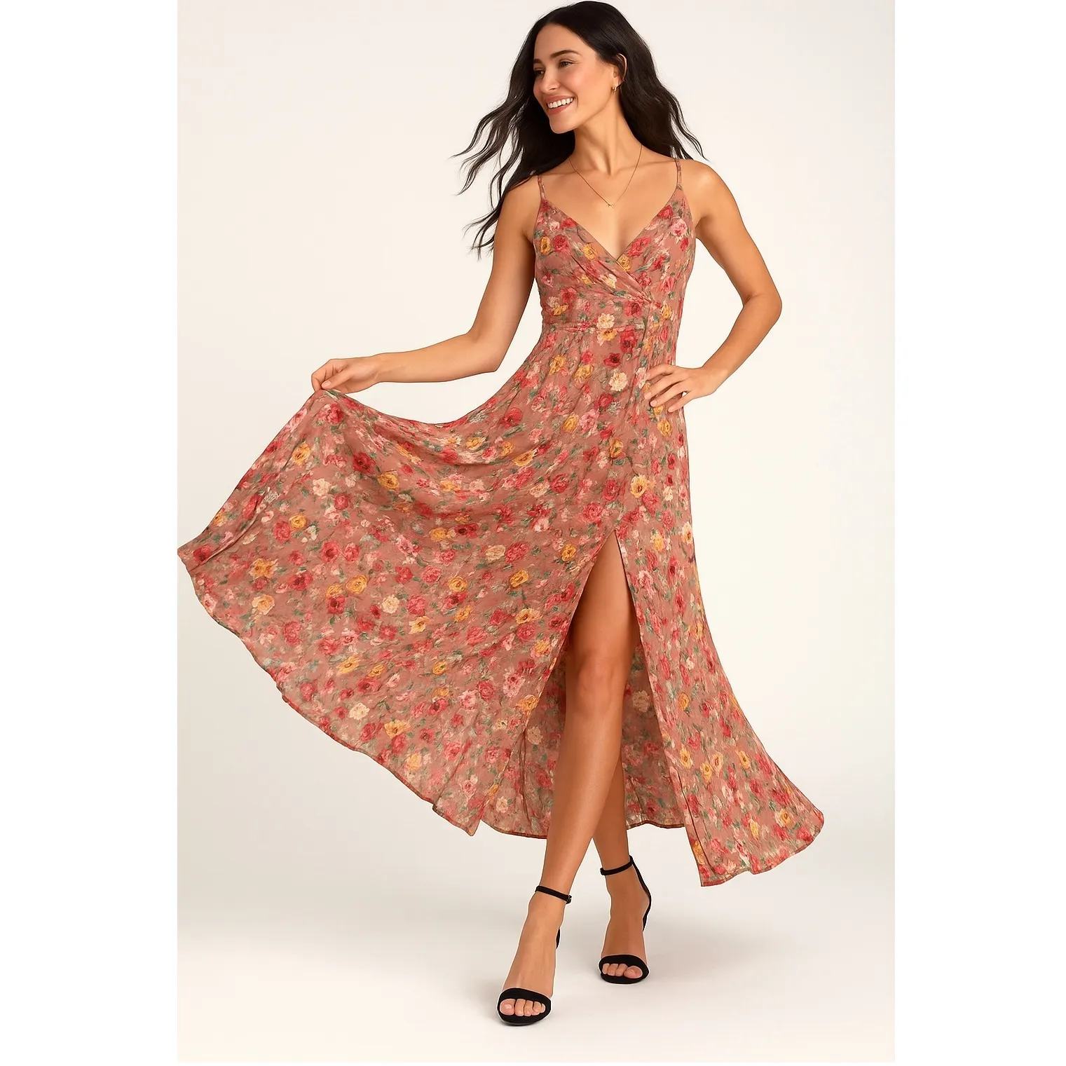 Lulus Floral Maxi Dress‎ Slit V Neck Sleeveless Pink Red Roses Summer Size Large - Image 3