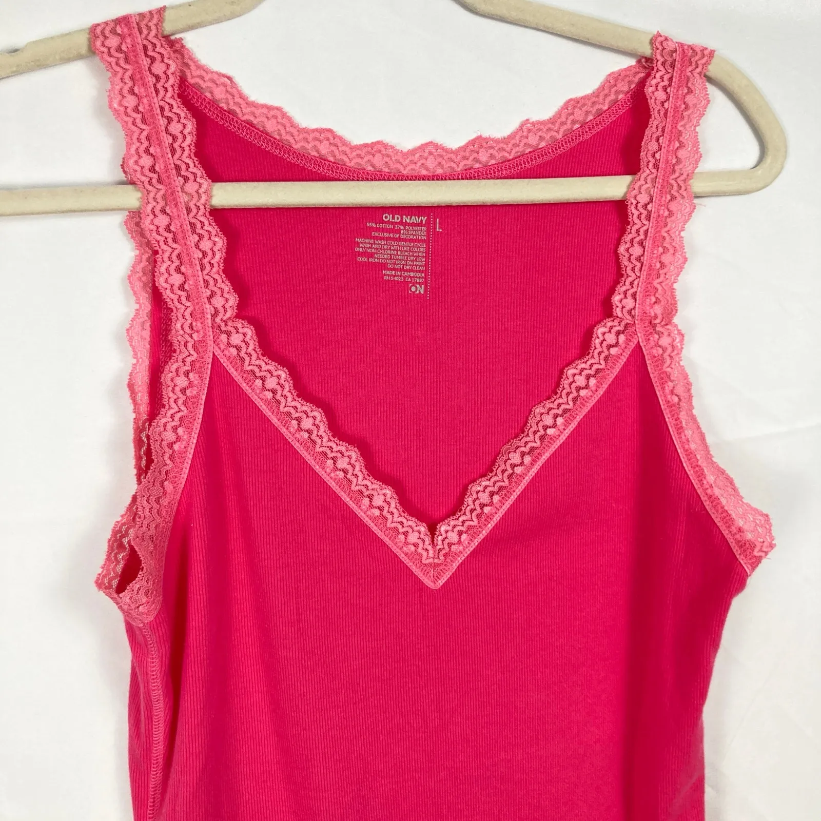 Old Navy Y2K Womens L Pink Lace Trim Ribbed Fitted Tank Top Preppy Layering - Image 3