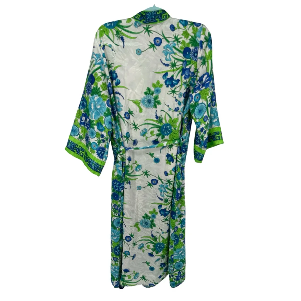 VTG Brownstone Studio NY‎ Kaftan Blue Green White Floral Mrs Roper LG Retro 70s - Image 7