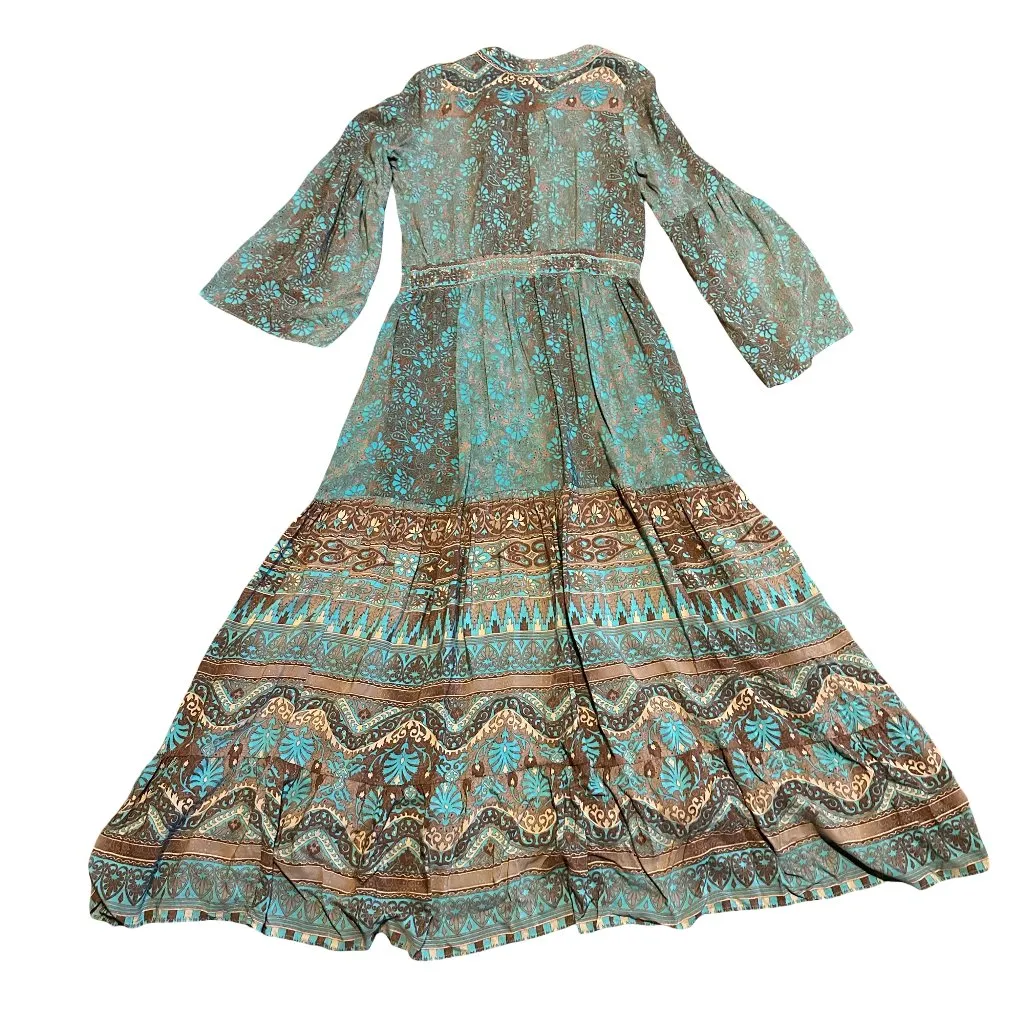 SweetSalt Long Length Bohemian Boho Maxi Dress Fall Colors Bell Sleeves Size 4 Blue - Image 8