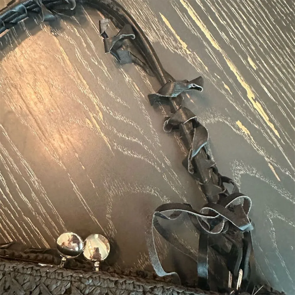 Nordstrom Black Straw & Leather Shoulder Bag Women's  Closure Fabric Lined NWT - Image 3