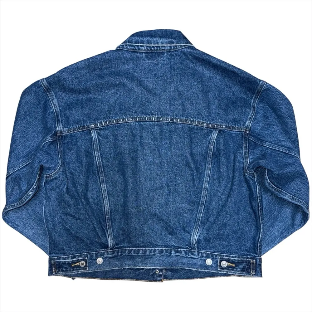 Levi’s Premium 90s Trucker Jacket Dark Wash Distressed Blue Denim Women’s Large - Image 2