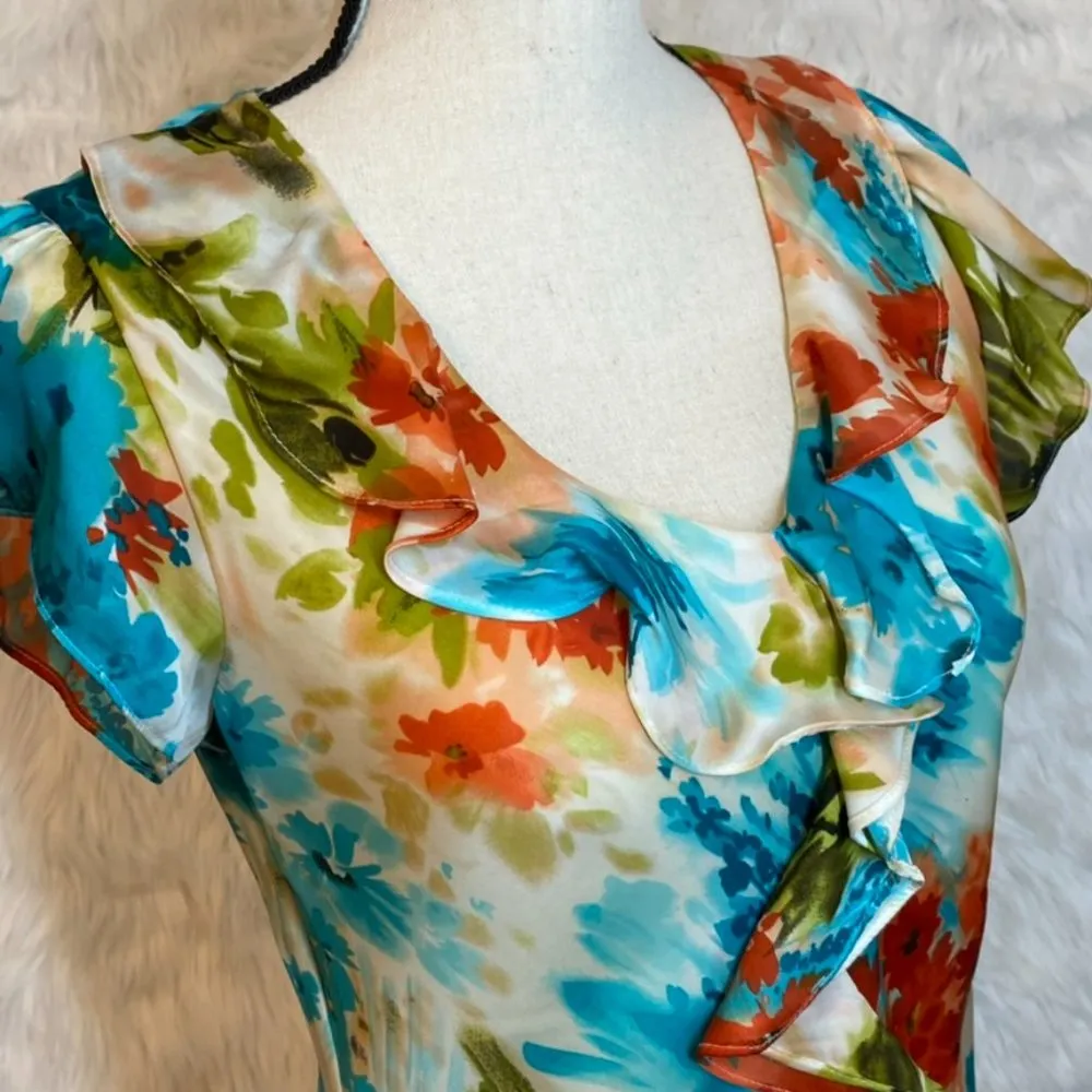 Sunny Leigh Blouse Floral Print Ruffled Neckline Flutter Sleeve Size Small - Image 2