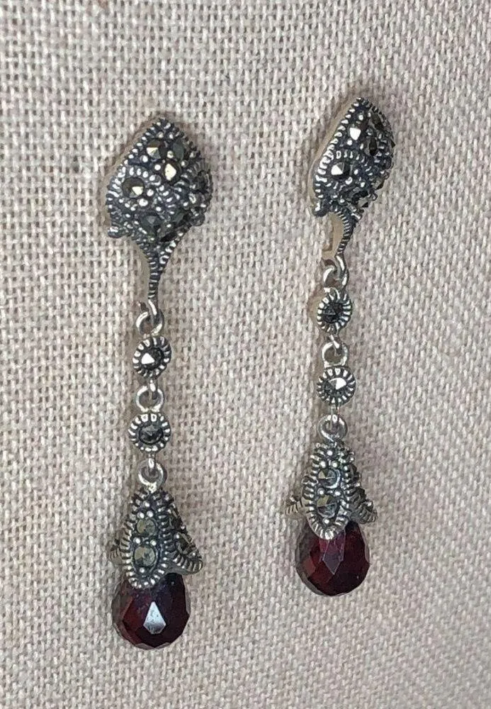 Vintage Faceted Red Garnet & Sterling Silver Marcasite Long Drop Dangle Earrings - Image 6
