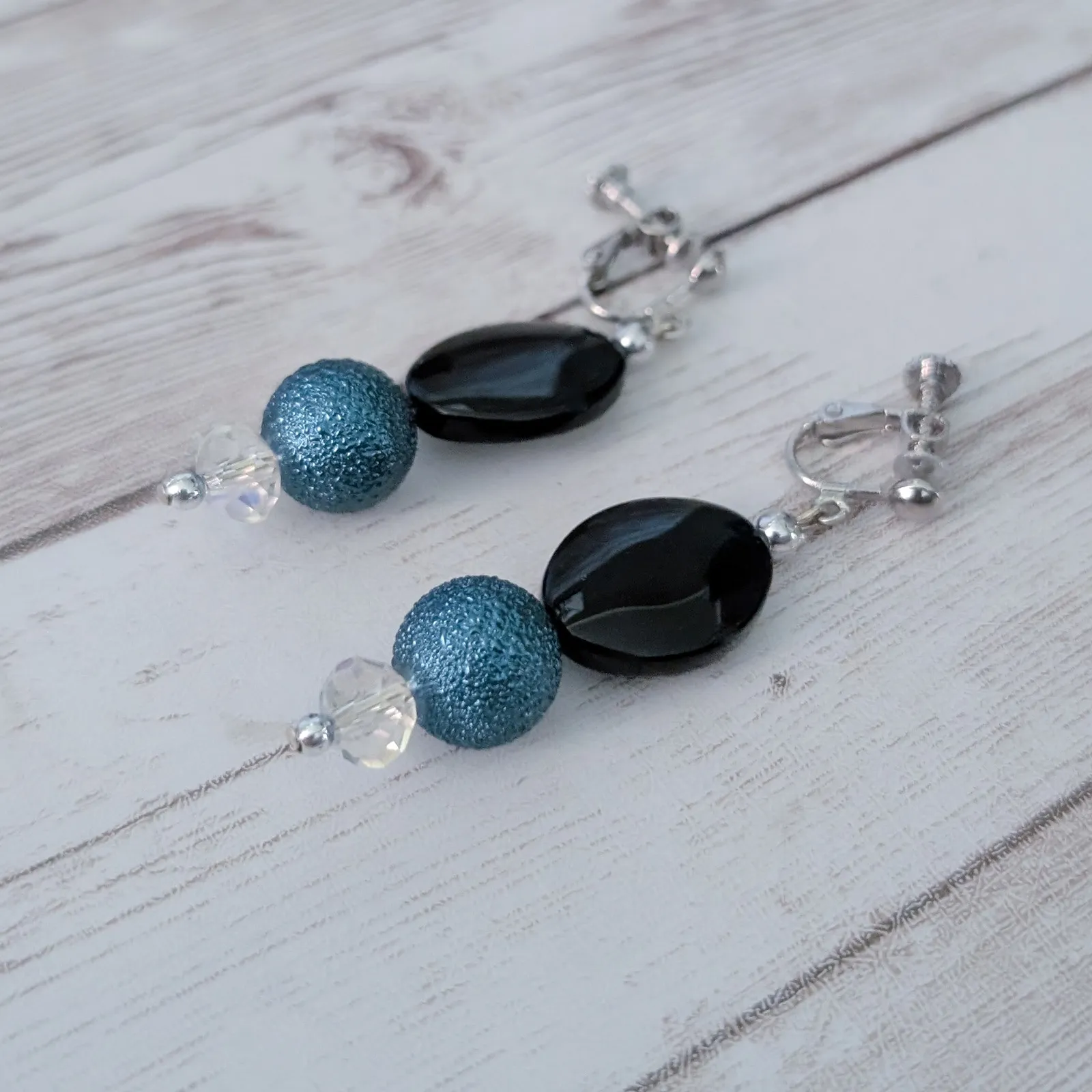 Vintage Clip On Earrings Statement Black, Blue, Clear 2.25" Dangle Black - Image 4