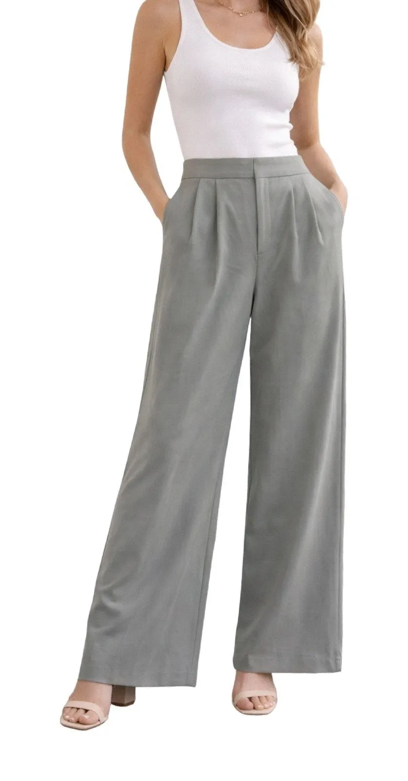 all:row Pleated Wide Leg Trouser Size L Grey Sage Green Tailored Pants Gray Size L - Image 1