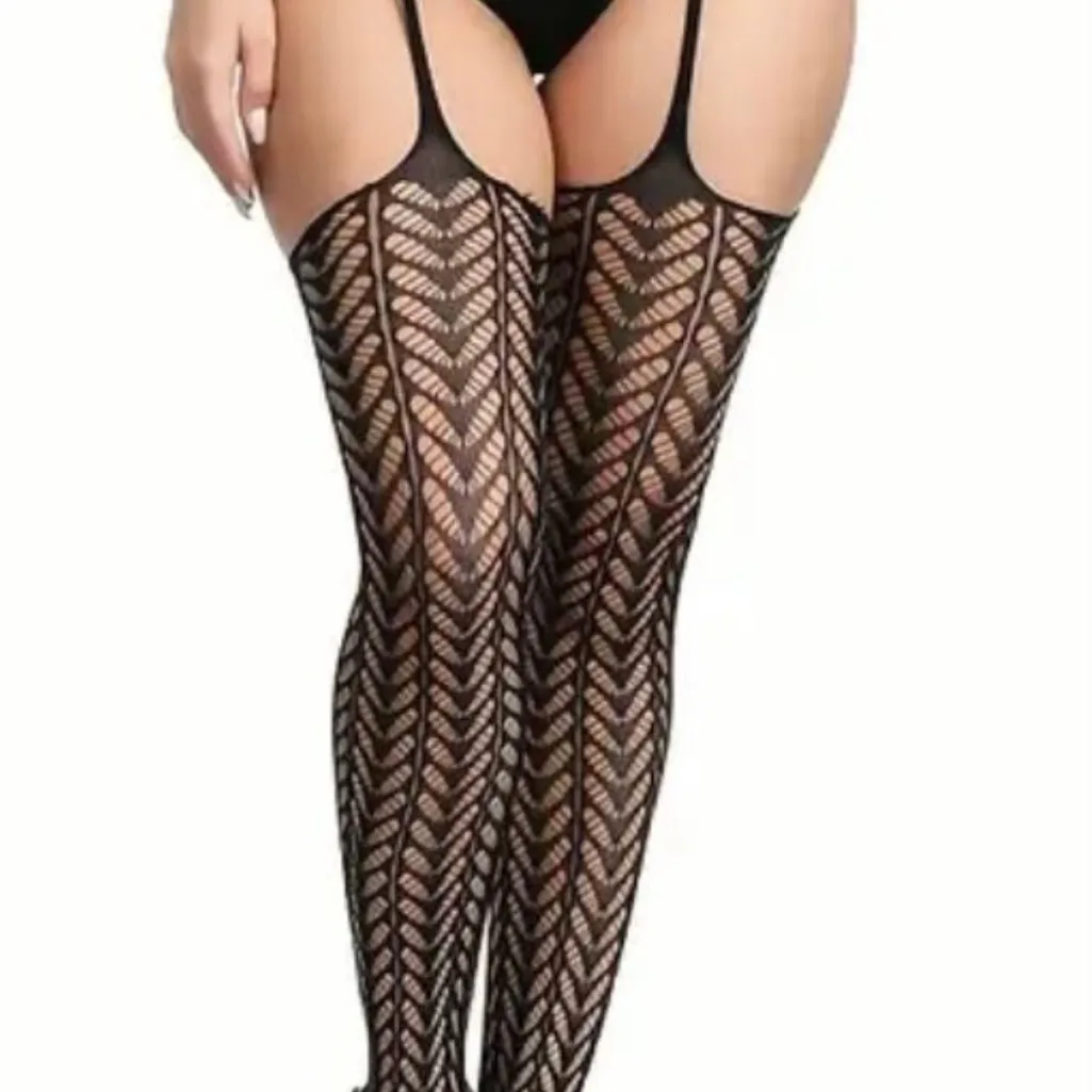 Black Fishnet Suspender Tights, High Waist‎ Hollow Out Mesh Pantyhose One Size - Image 12