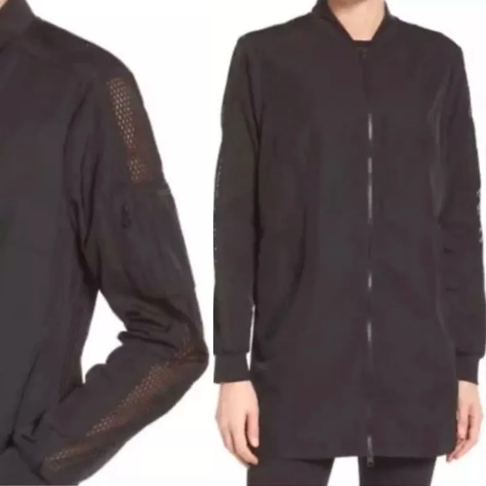 Blanc Noir Mesh Panel Long Nylon Bomber Style Jacket in Black Size L - Image 5