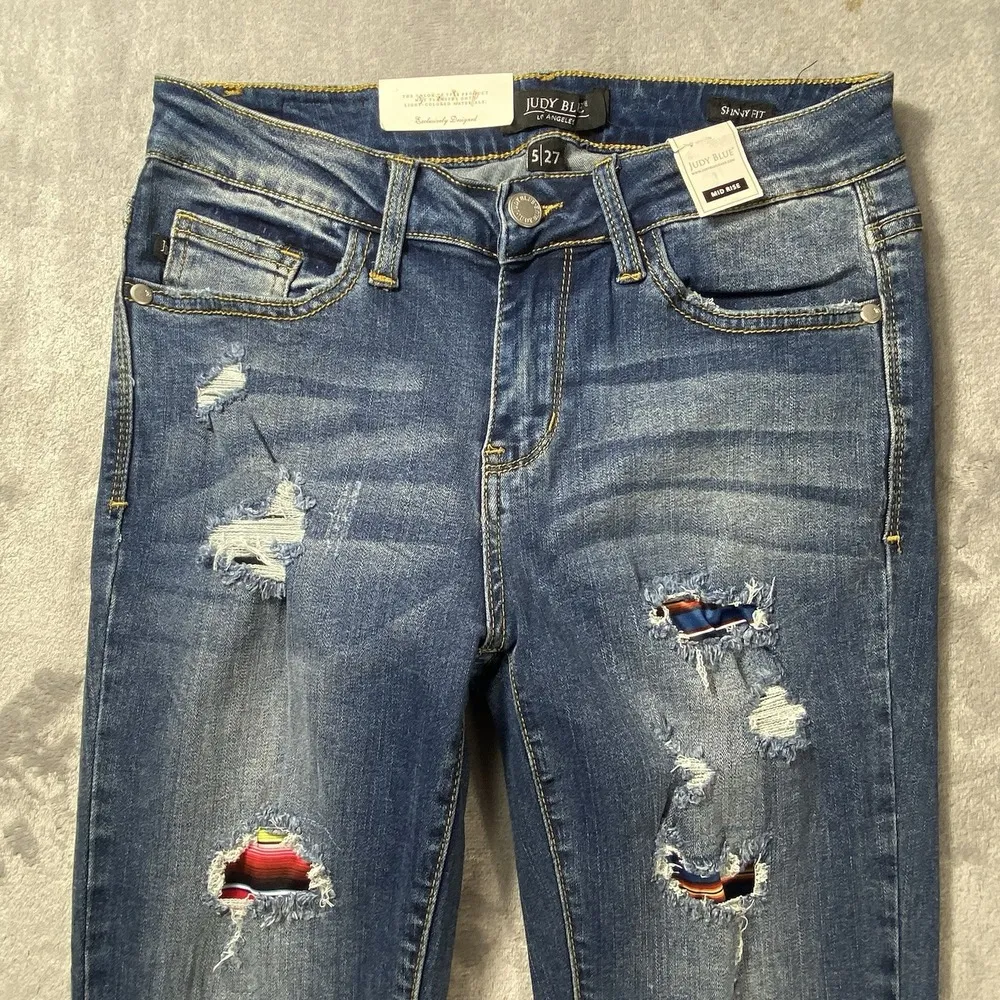 Judy Blue Skinny Jeans 5/27 Destroyed Serape Patch‎ Festival Rainbow Ripped NEW - Image 2