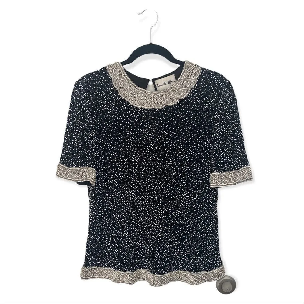 Camille Marie Vintage 100% Silk Beaded Blouse Short Sleeve Black Cream Size M Size M - Image 2