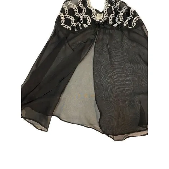 Black Sheer Embroidered Bodice Open Front Teddy Slip Mini Dress Size Small - Image 7