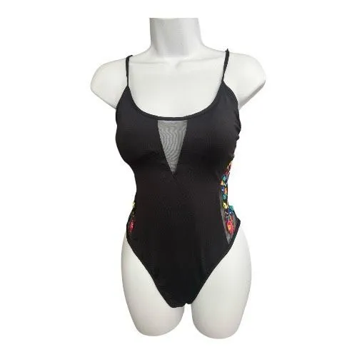 Kennet Cole Reaction Black Lace Floral Embroidered One Piece Swimwear Size M - Image 2