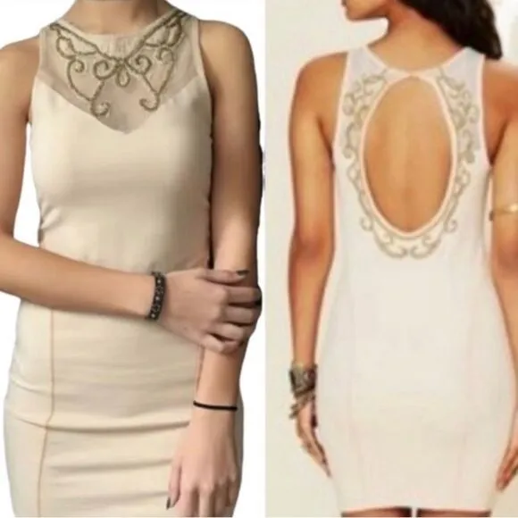 Free people off white cream ivory bodycon mini dress with beaded detail - Image 2