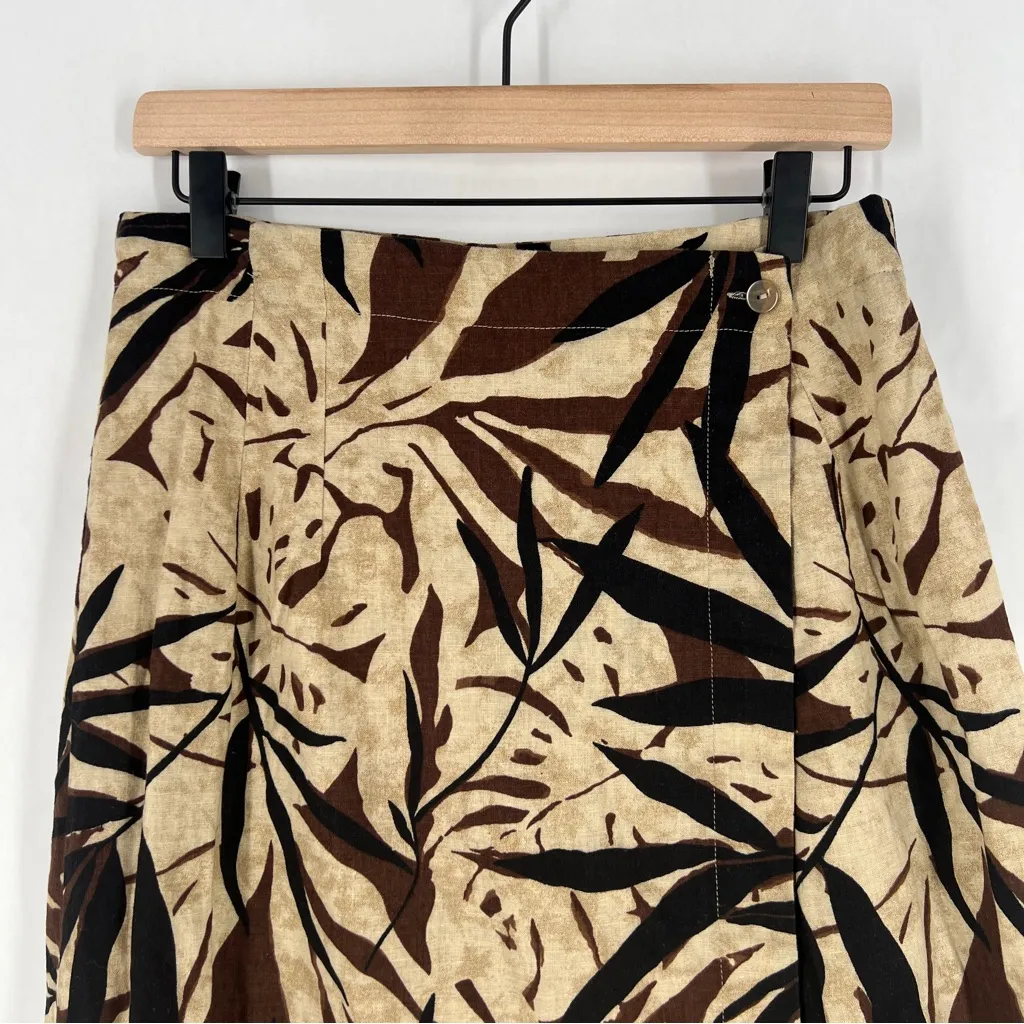 Marla Kim Linen Cotton‎ Wrap Maxi Skirt Brown Black Leaf Print Boho Size L Size L - Image 3