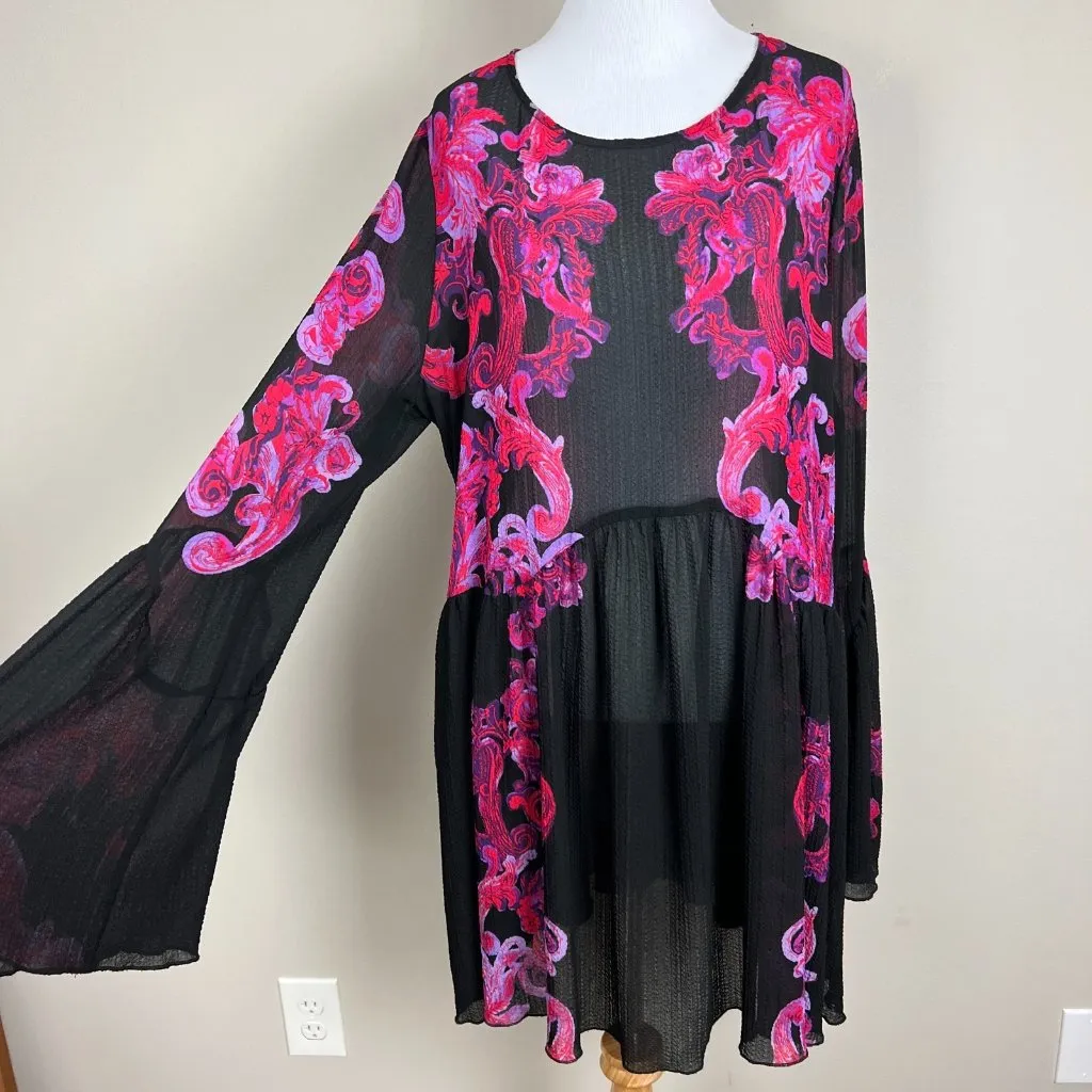 Intimately Free People Symphony Swing Mini Dress Sheer Floral Bell Sleeve Large‎ - Image 4