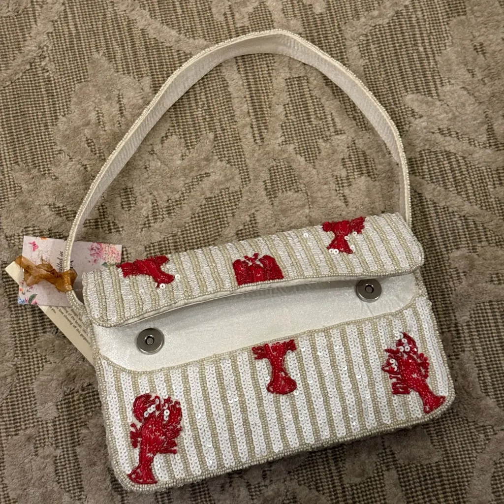 NWT Lobster Embroidered Sequin Beaded Bag Made in India Red White Summer - Image 5