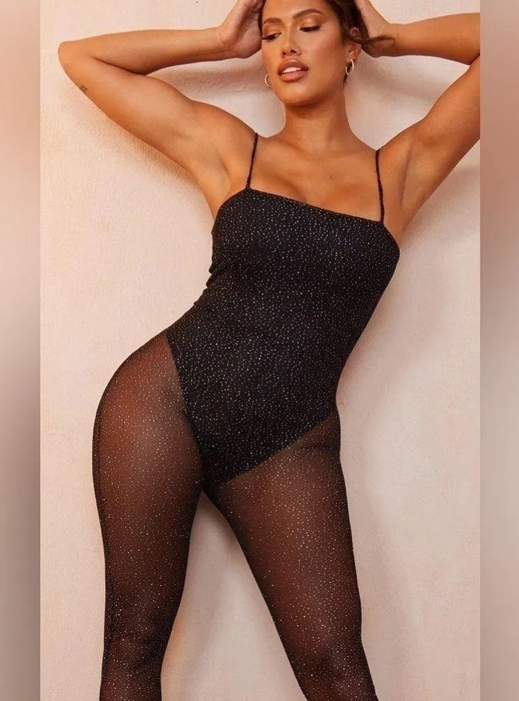 PrettyLittleThing Shape Black Glitter Sheer Mesh Straight Neck Jumpsuit - Image 3