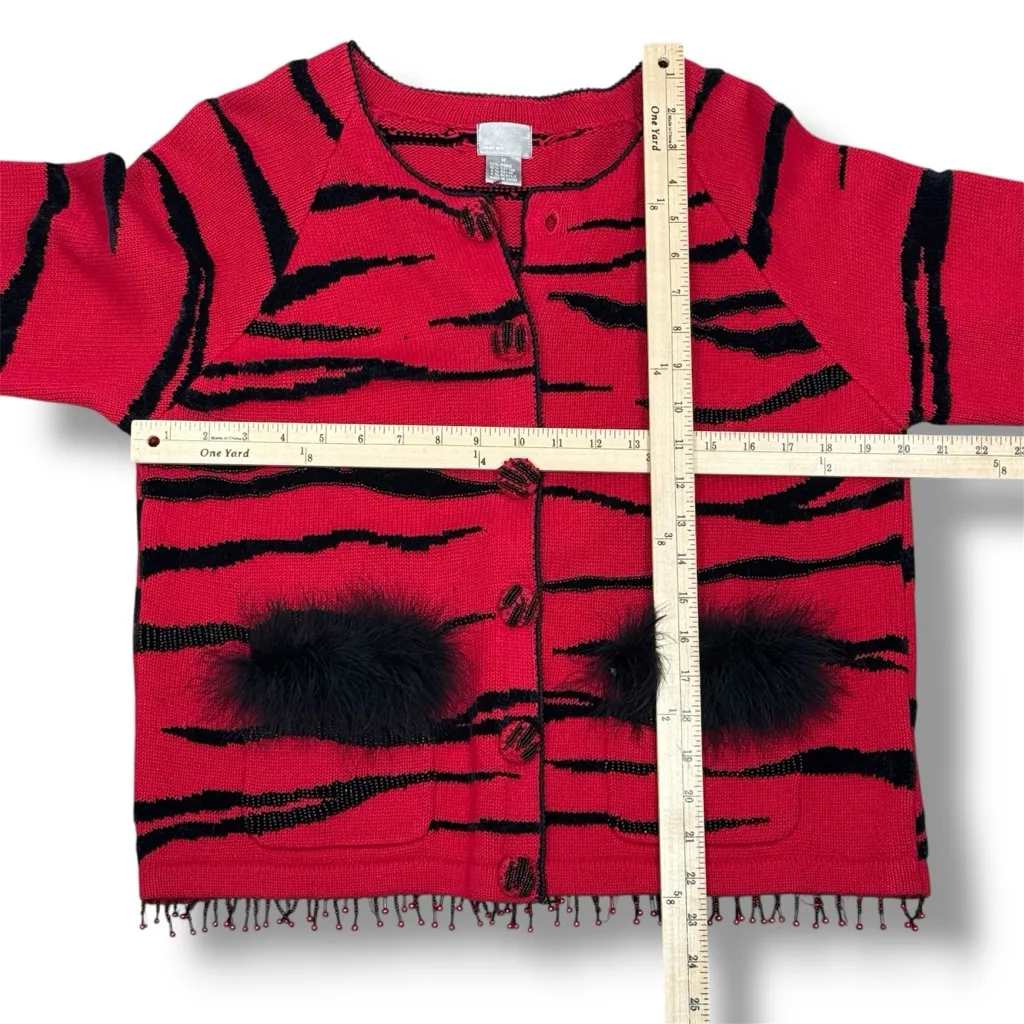 Vintage 90s Berek Beaded Tiger Stripe Cardigan Sweater Red Black Medium - Image 10