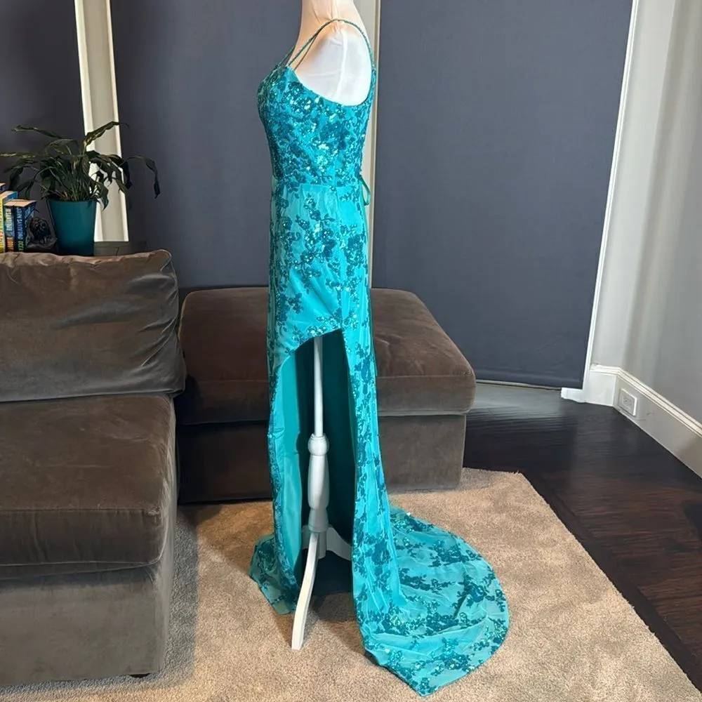 Women’s Blue Mermaid Fit Prom Party Dress Sparkly Sequins Leg Slit Size 2 NEW - Image 6