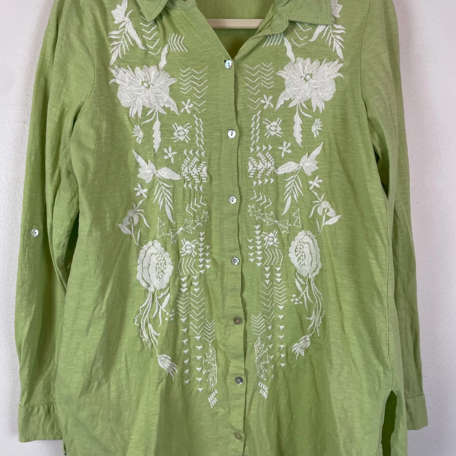 Soft Surroundings‎ Embroidered Cotton Shirt Tunic Green Women's Small Bohemian - Image 6