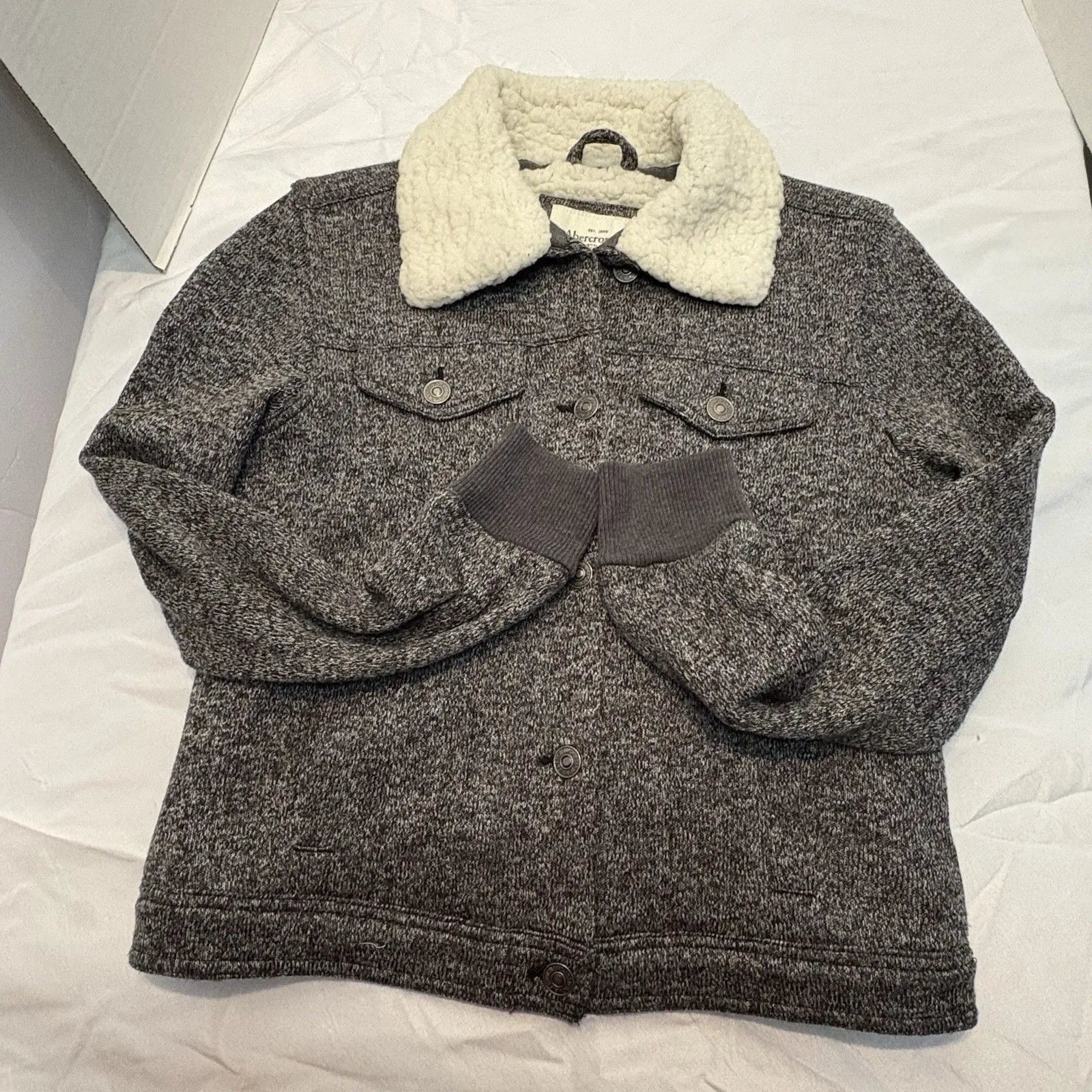 Abercrombie & Fitch Jacket Women's S Gray Knit Sherpa Lined Trucker - Image 7