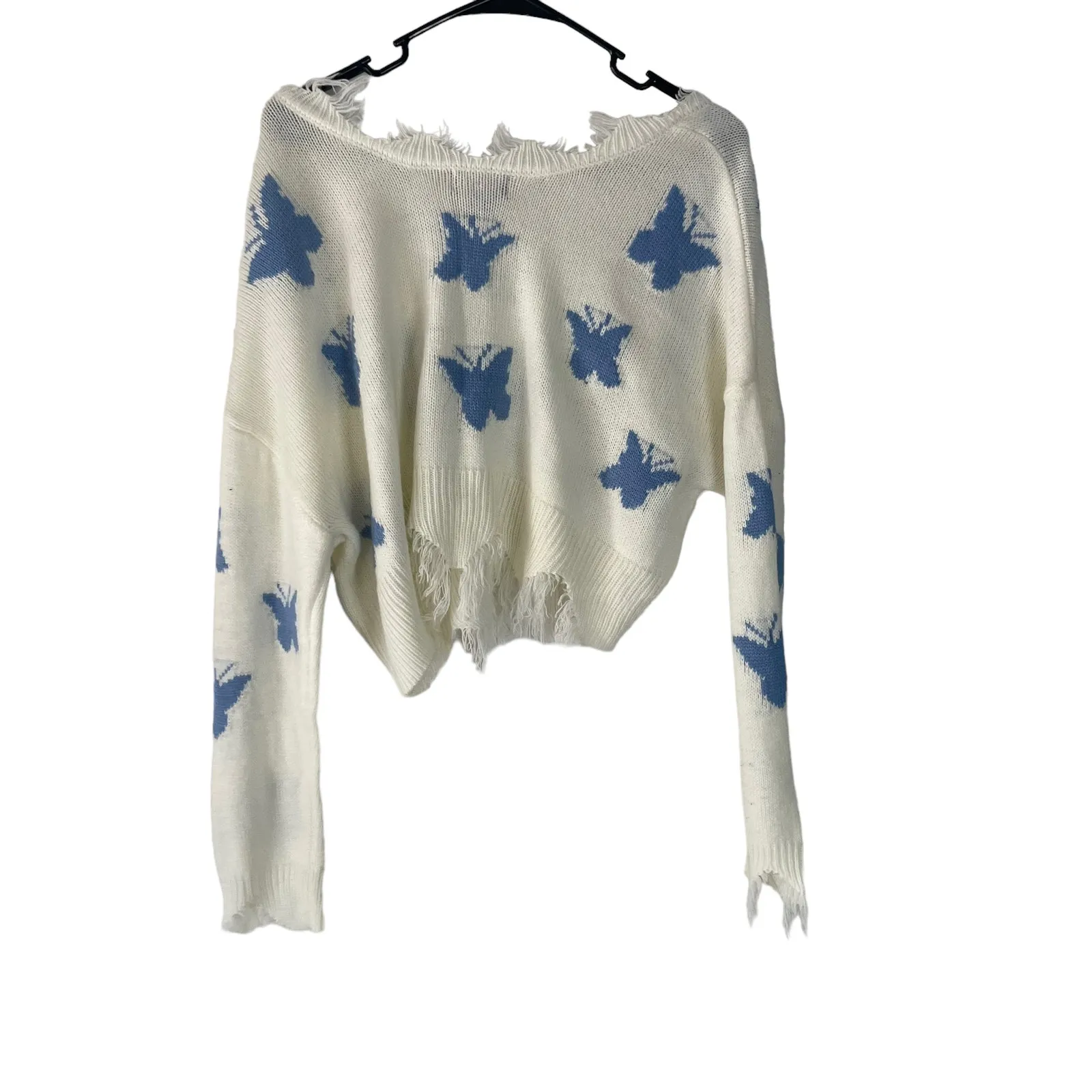 Just Polly Women's Size Large Cream Butterfly Fringe Distressed Cropped Sweater Blue - Image 6