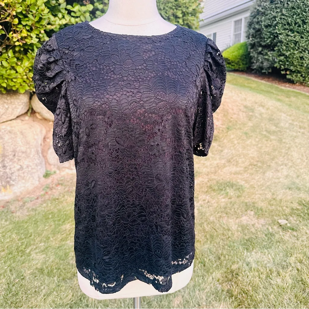 Adrianna Papell Black Lace Blouse Puff Sleeves Size M - Image 6