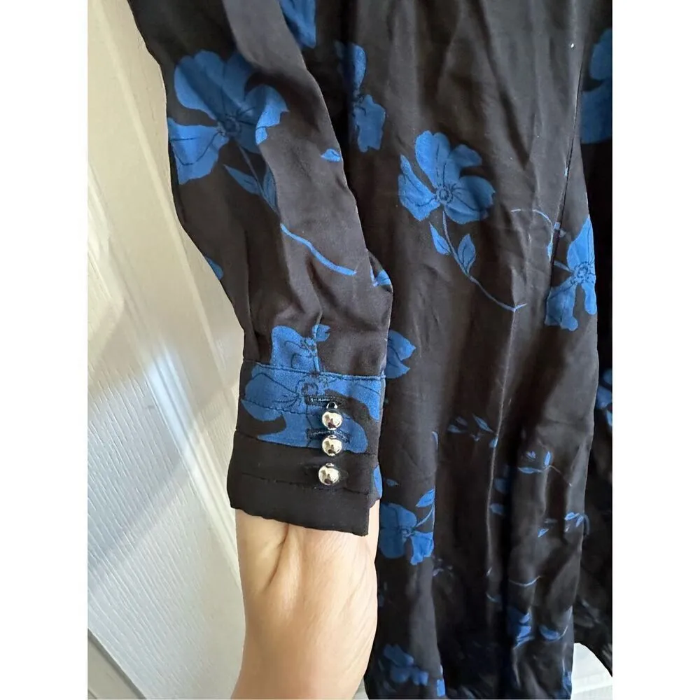 NWT Parker Evanna Pleated Women's Black Blue Floral Print V Neck Dress Size 00 - Image 4