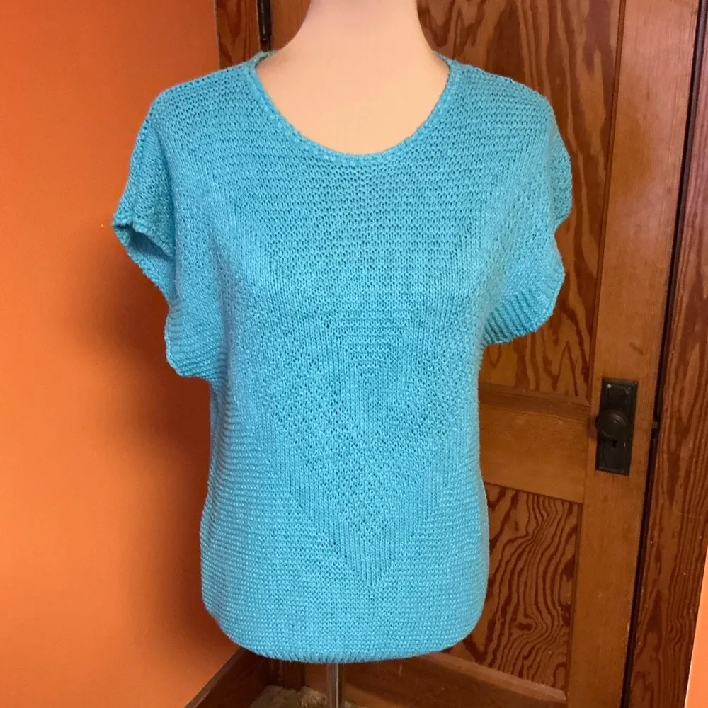 Vtg 80s Turquoise short sleeve sweater Blue Size L - Image 10