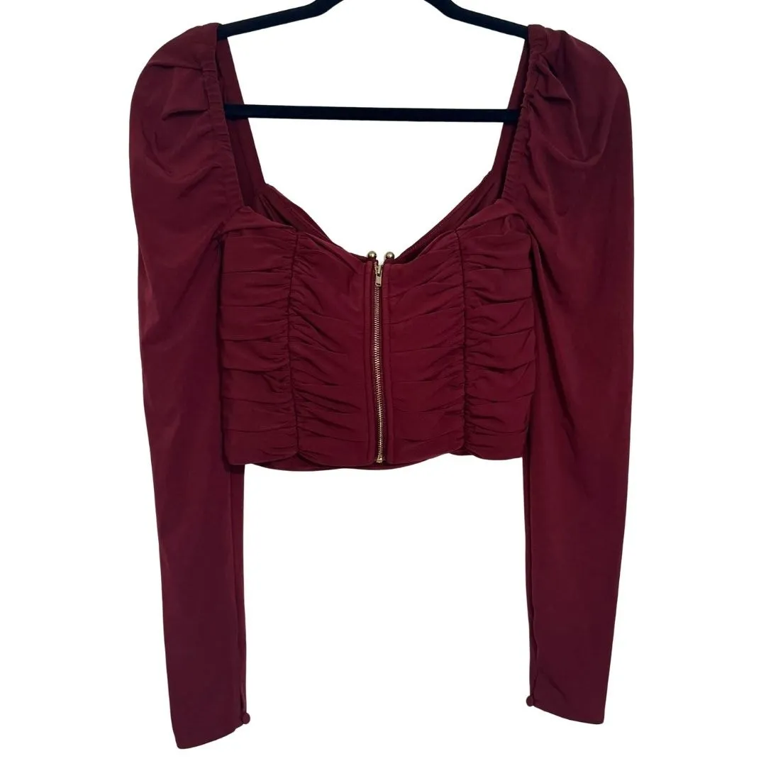 SELF PORTRAIT Cropped Long Sleeve Draped Gathered Knit Blouse Burgundy Top Sz 0 Red - Image 8
