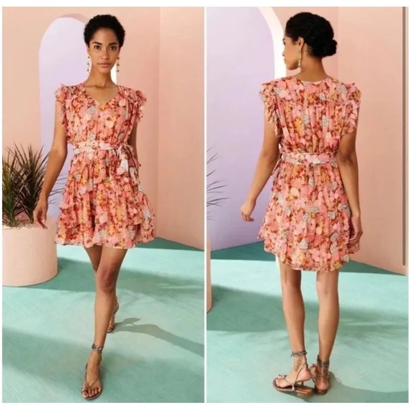Marie Oliver Thea Silk Floral Mini Dress M Peachy Peonies Belted Ruffle Boho - Image 2