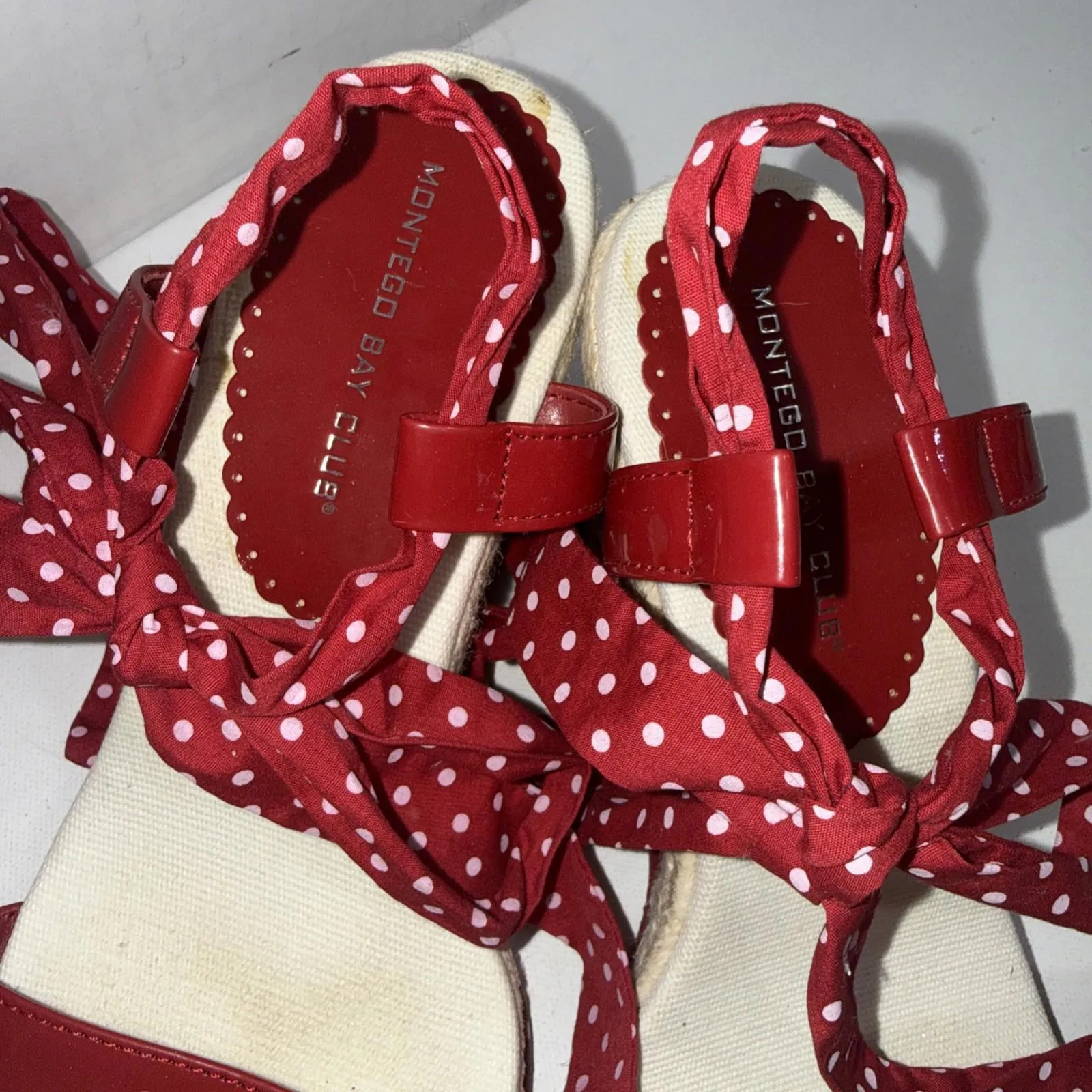 VTG Y2K Montego Bay Club Red Polka Dot Espadrille Ankle Tie Wedge Sandals 40 - Image 4