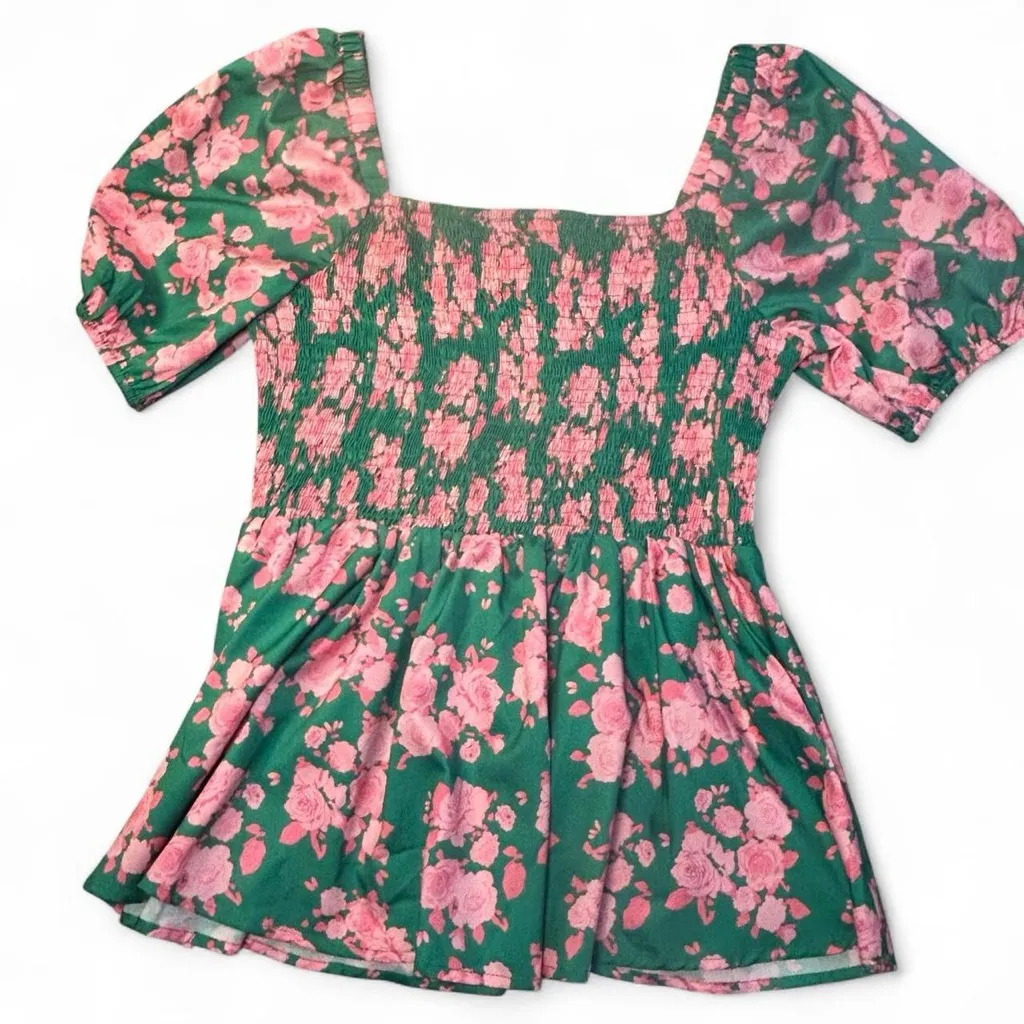 🌸JODIFL Peplum Smock Top | Green & Pink Floral | Size M | Flirty & Fun! 🌿🌷 - Image 8