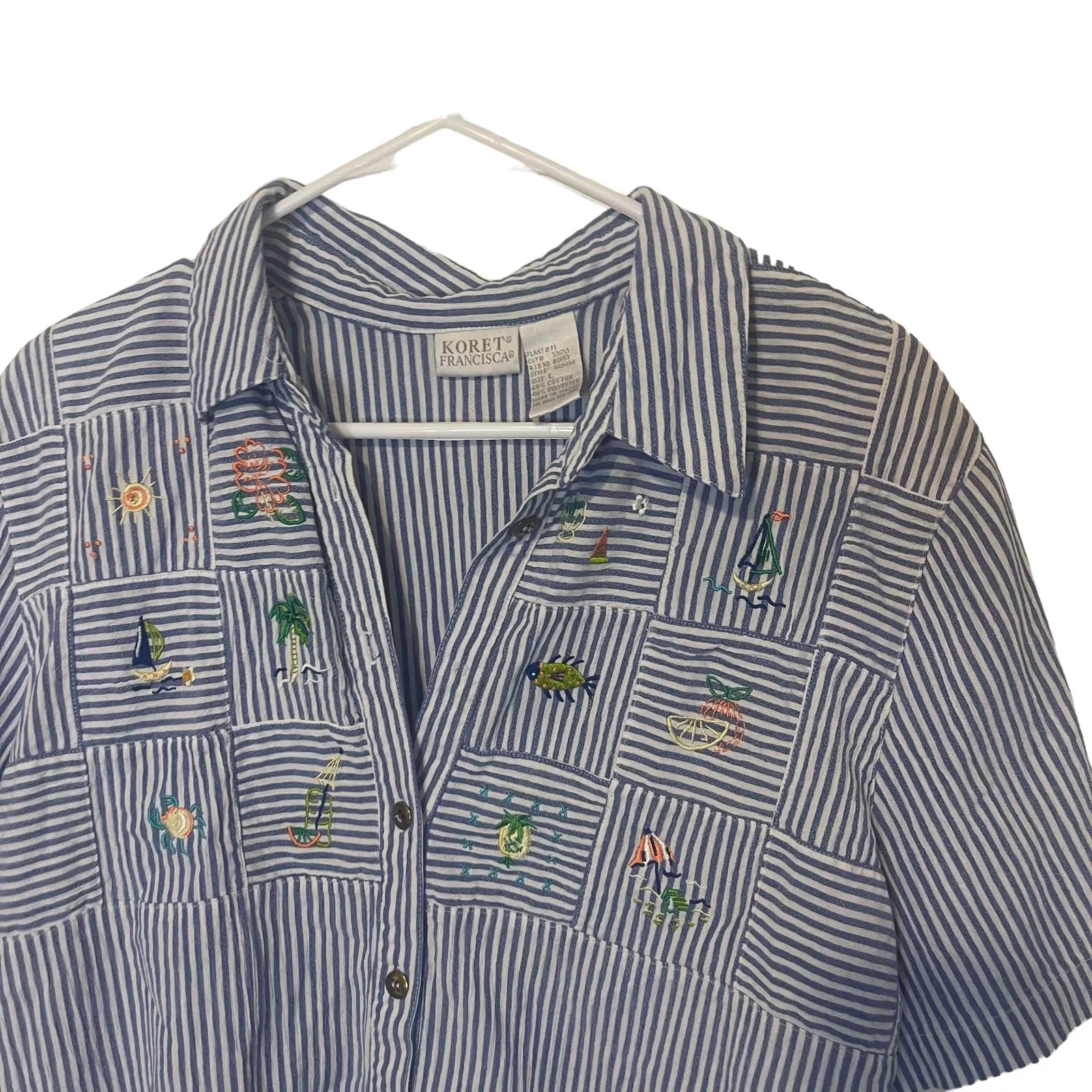 Koret Francisca Vintage 90s Large Coastal‎ Beach Embroidered Button Up Blue - Image 2