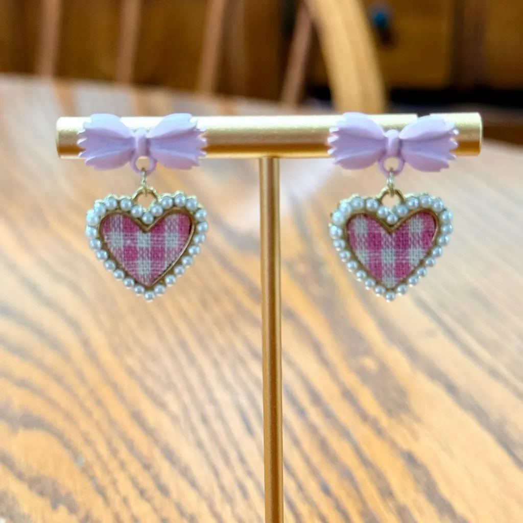 Pink Heart Plaid Gingham Earrings With Bow & Pearl Accents Dangle Drop New - Image 3