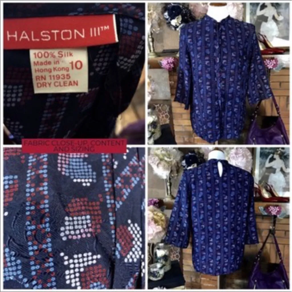 VINTAGE 80'S HALSTON III BLUE AND BURGUNDY SILK BLOUSE (10) - Image 10